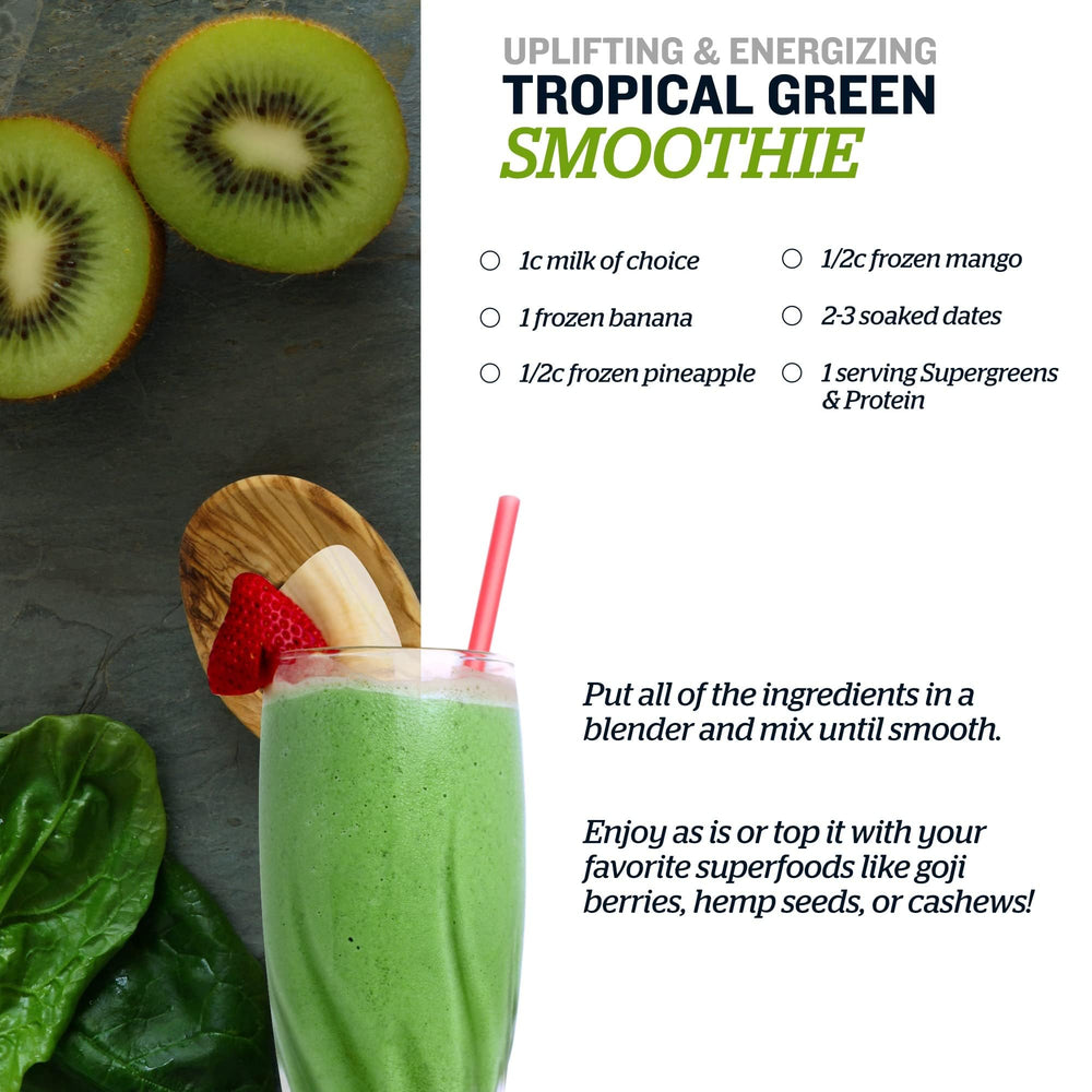 Sunfood Supergreens & Protein packaging with powder shaking, convenient for busy mornings.