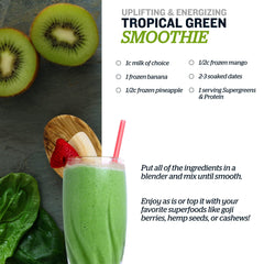 Sunfood Supergreens & Protein packaging with powder shaking, convenient for busy mornings.