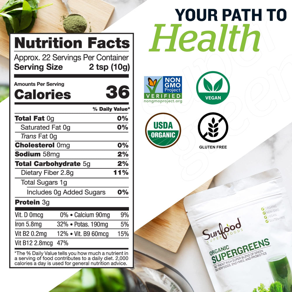 Sunfood Supergreens scoop releasing a measured dose for easy energy.