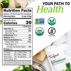 Sunfood Supergreens scoop releasing a measured dose for easy energy.