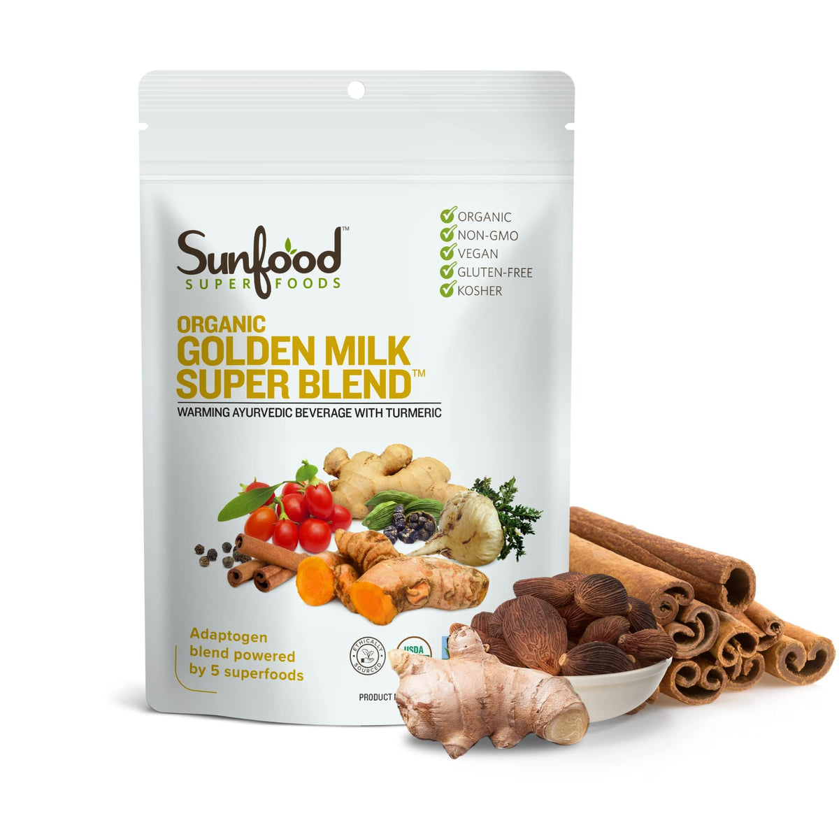 Sunfoods Golden Milk Super Blend bottle ready for a comforting turmeric latte.
