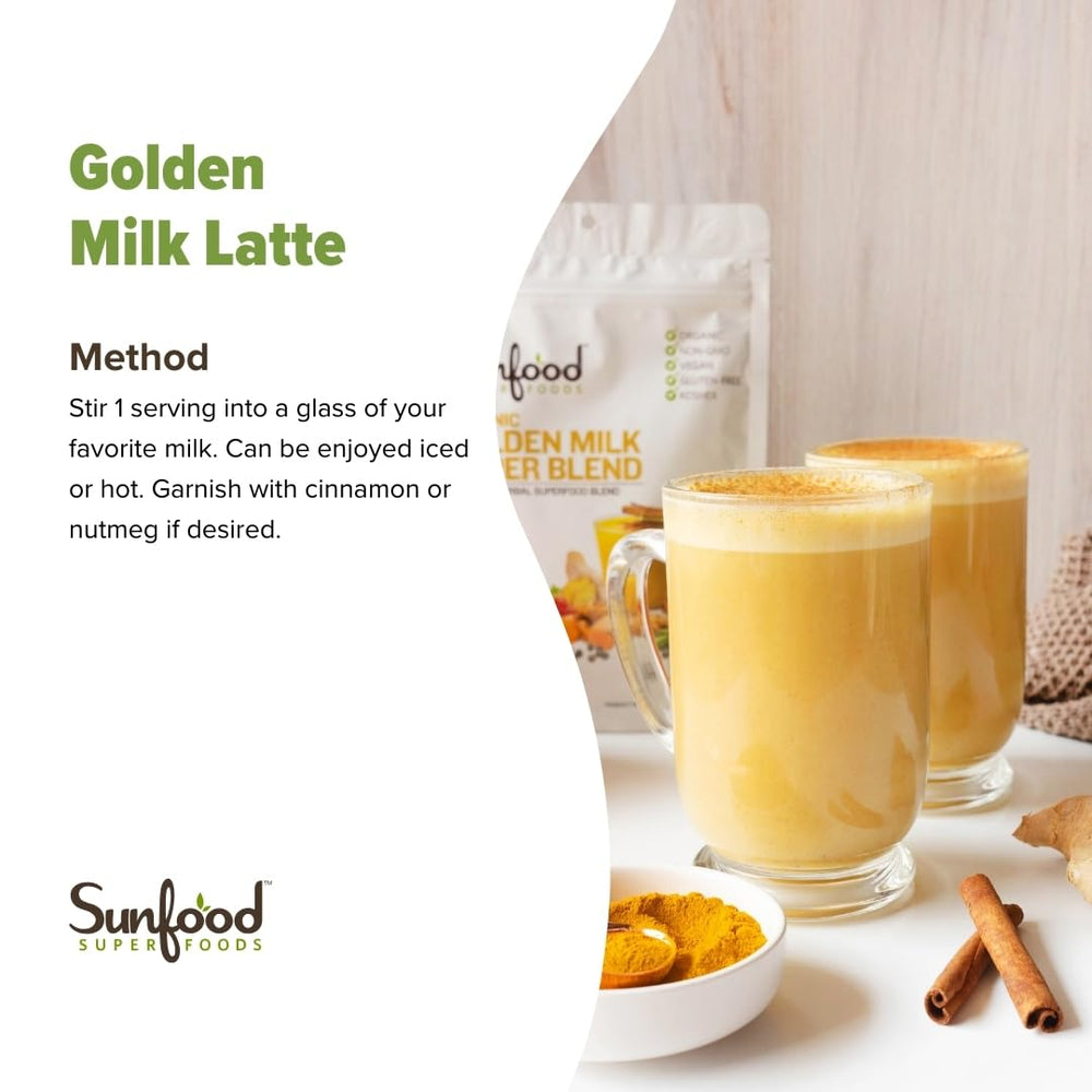 Sunfoods Golden Milk packaging highlighting organic, vegan ingredients.