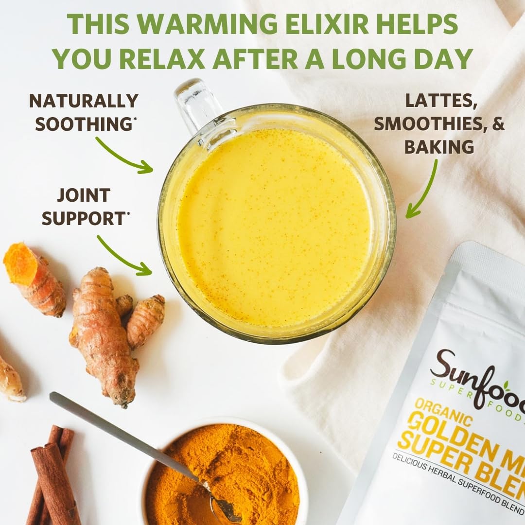 Sunfoods Golden Milk turmeric and ginger powder adding cozy flavor to beverages.