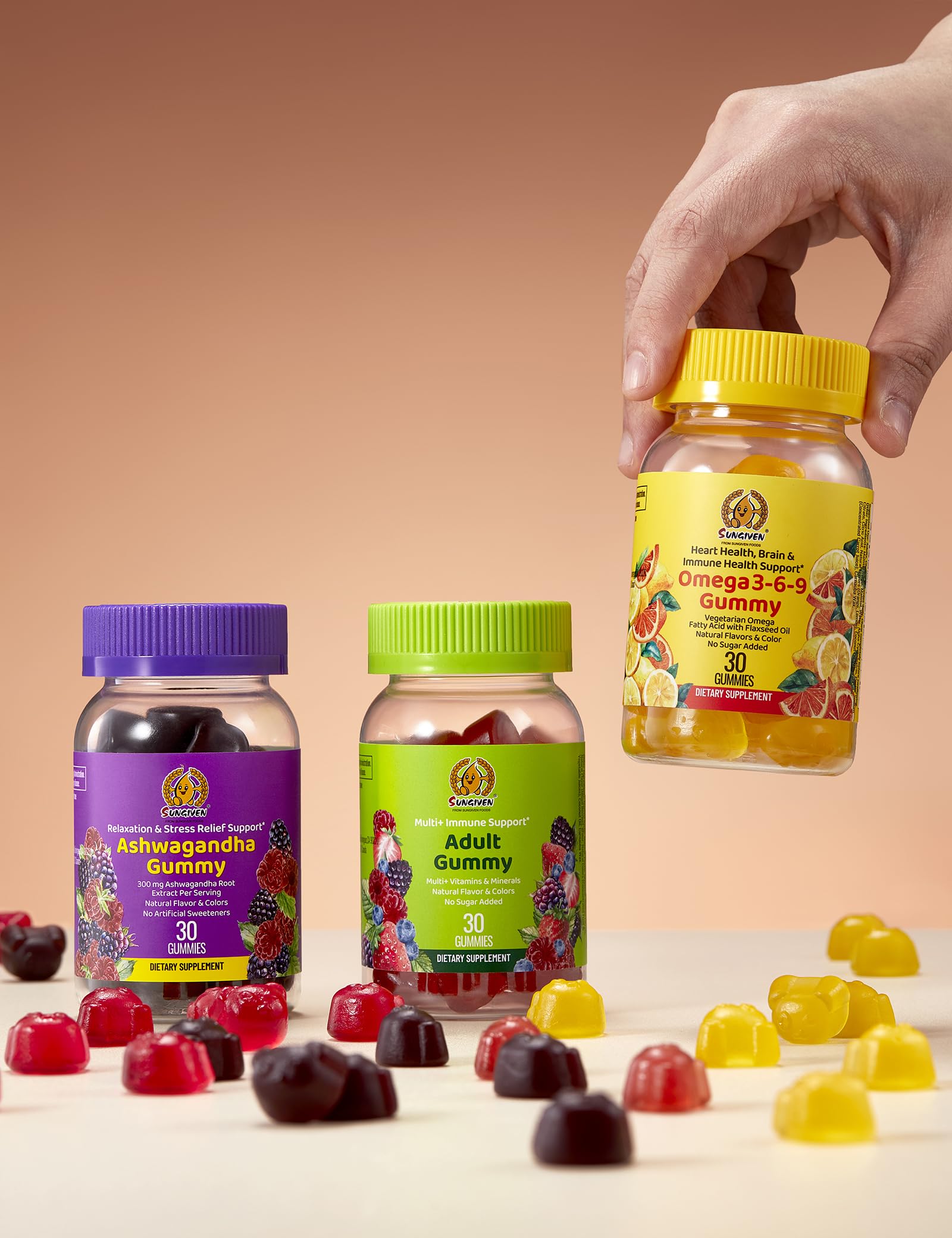 SUNGIVEN Ashwagandha stress-support gummies with KSM-66 extract.