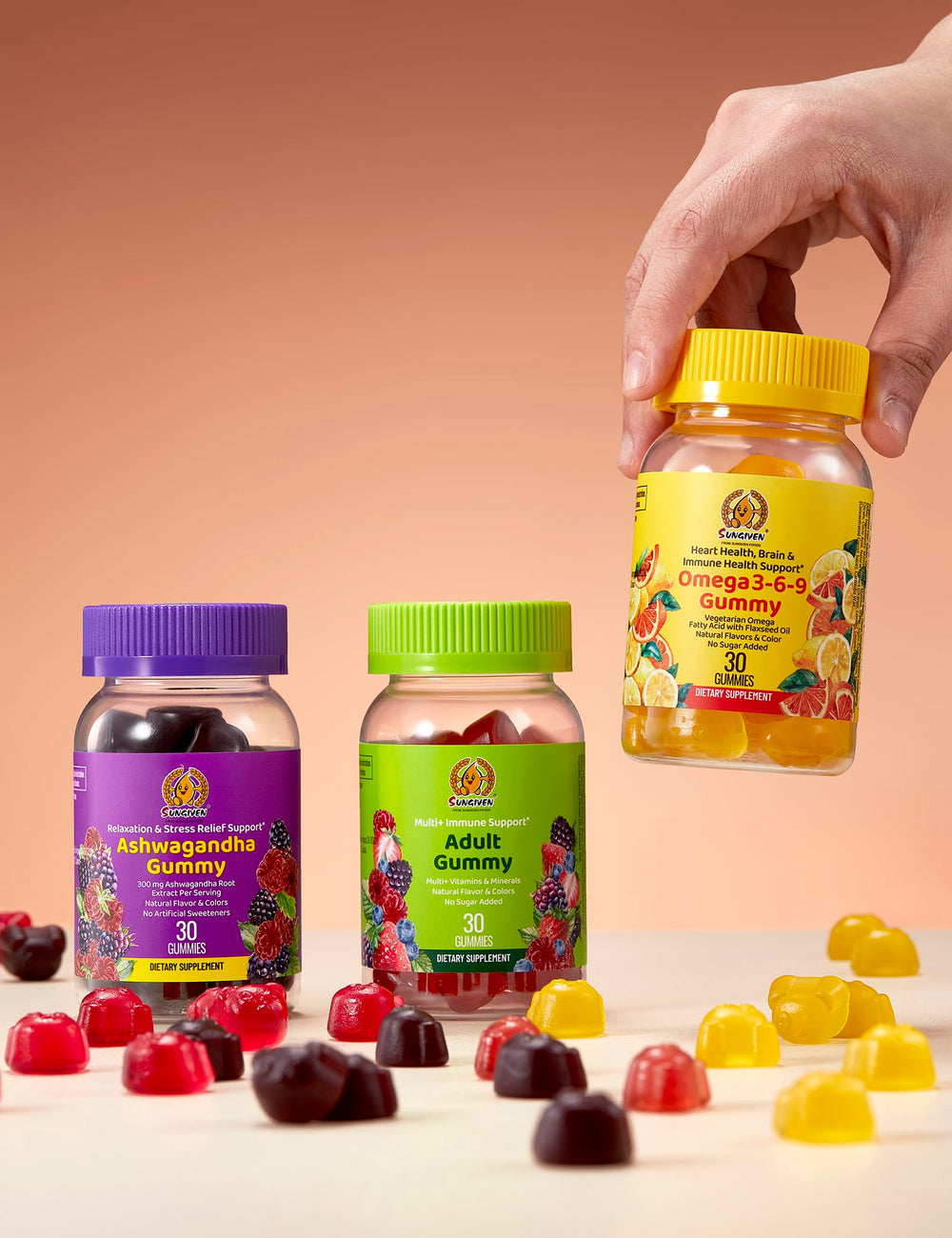 SUNGIVEN Ashwagandha stress-support gummies with KSM-66 extract.