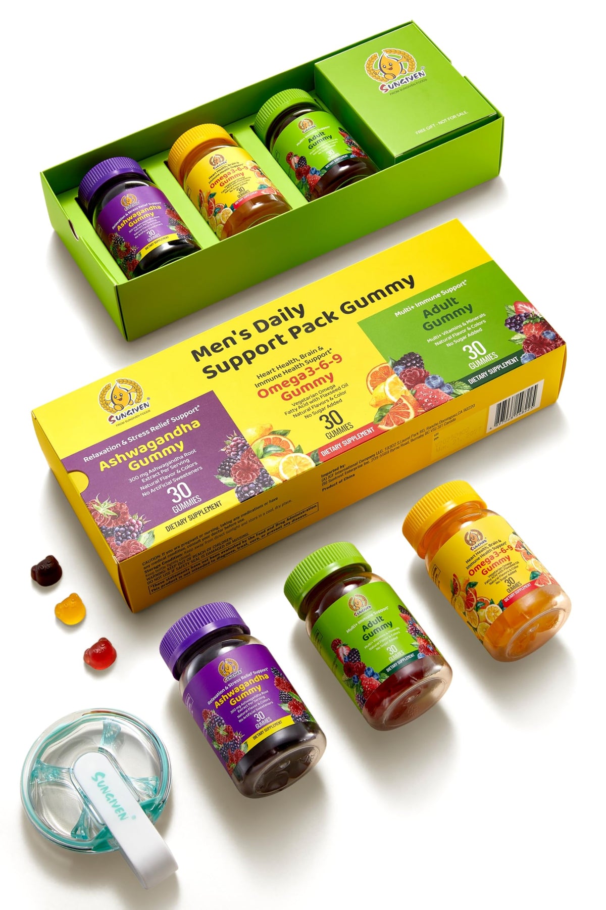 SUNGIVEN Men’s multivitamin gummies on display with three flavors for daily wellness.