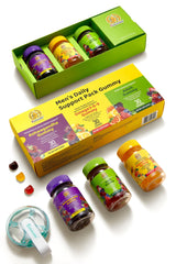 SUNGIVEN Men’s multivitamin gummies on display with three flavors for daily wellness.
