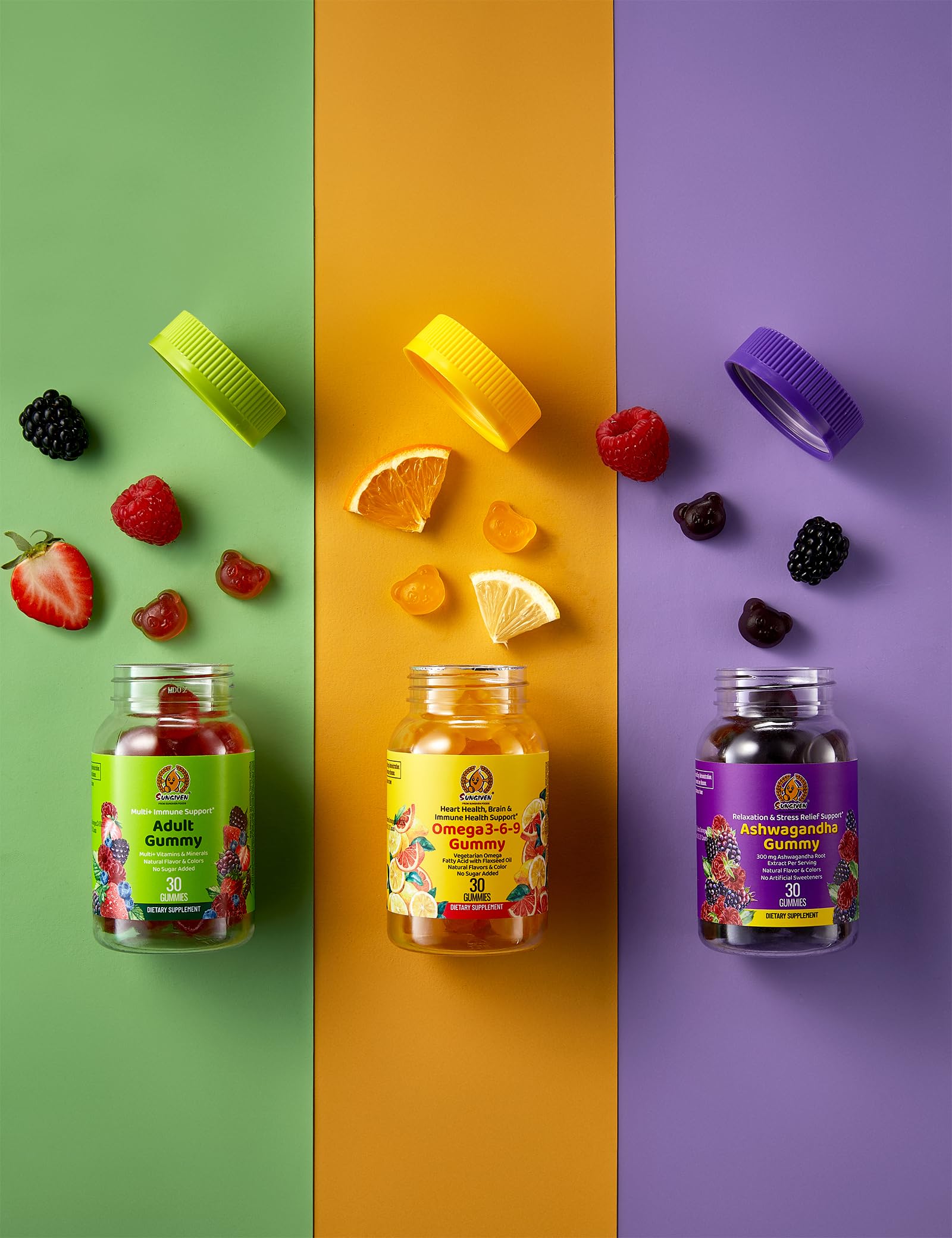 SUNGIVEN Omega-3-6-9 gummies in raspberry close-up showing brain and heart support.