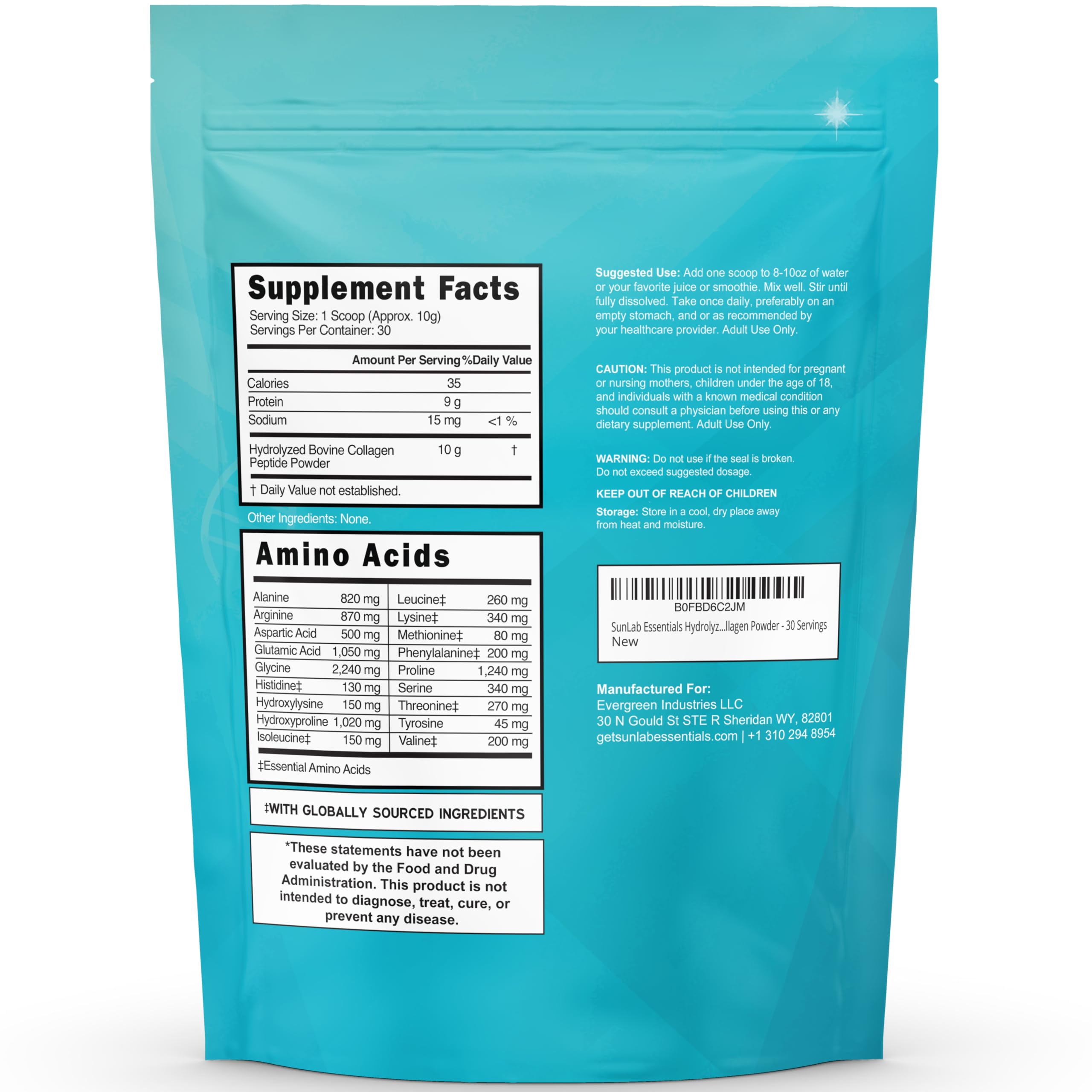 Scoop of SunLab Essentials collagen peptides in water demonstrates quick, easy mixing