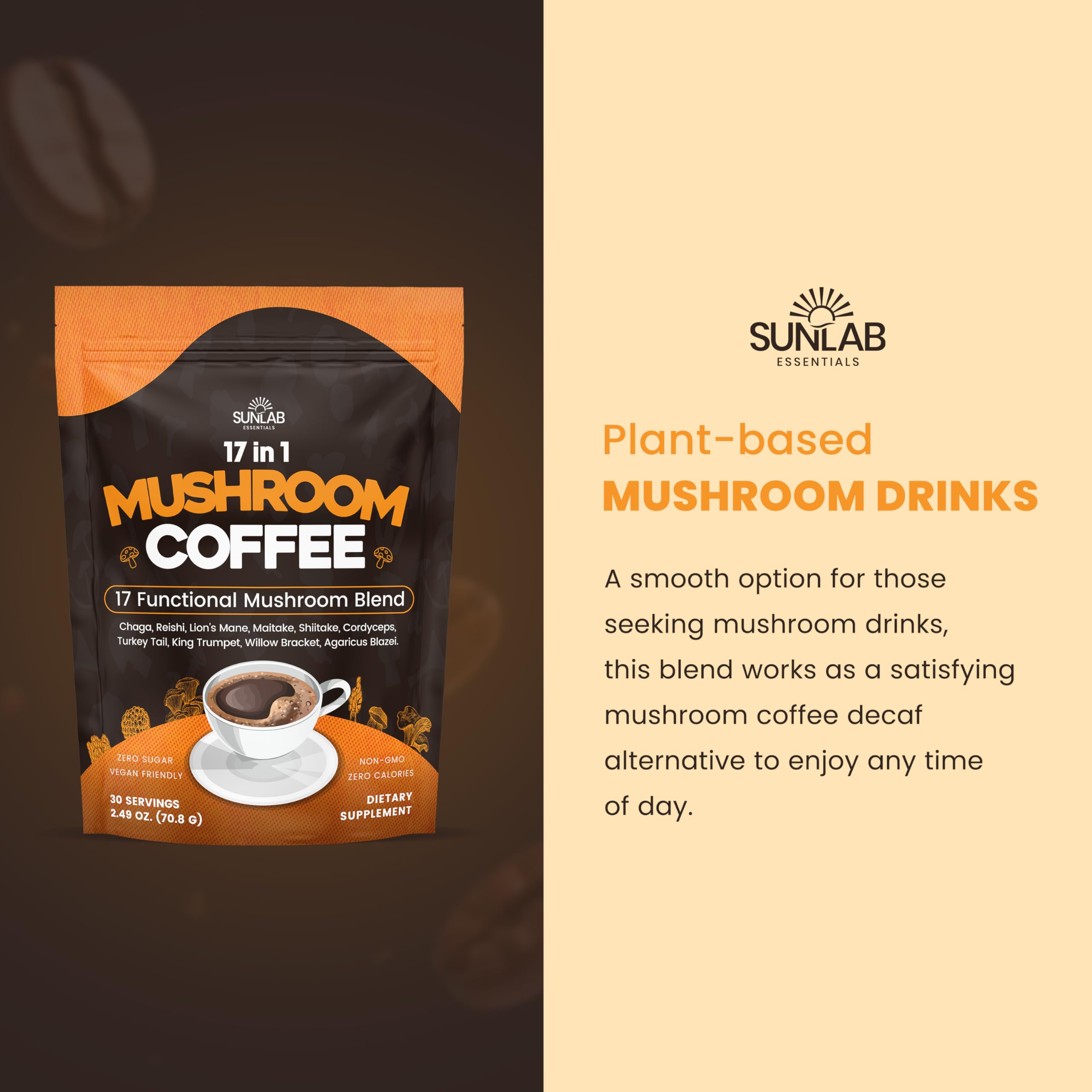 Ingredients panel highlights 17-mushroom blend with Arabica base
