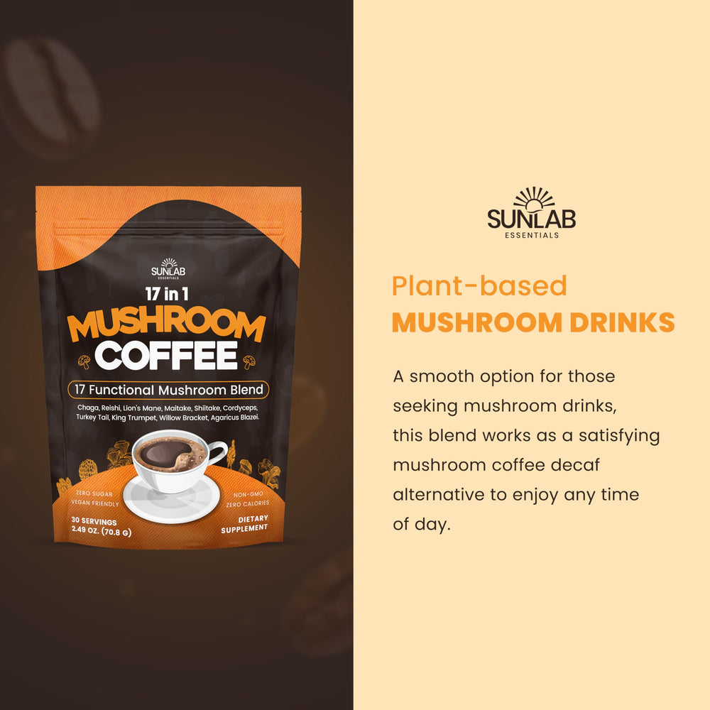 Ingredients panel highlights 17-mushroom blend with Arabica base