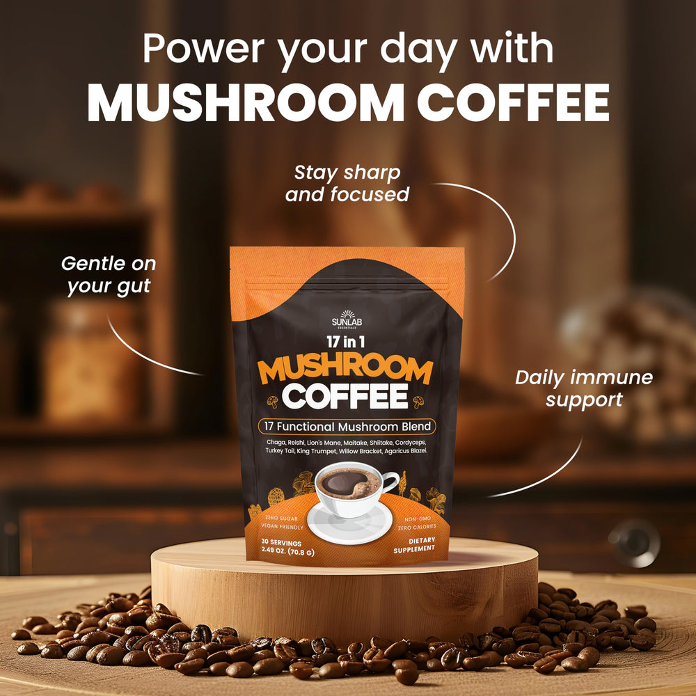 Spoon scooping SunLab Essentials mushroom coffee powder for daily use