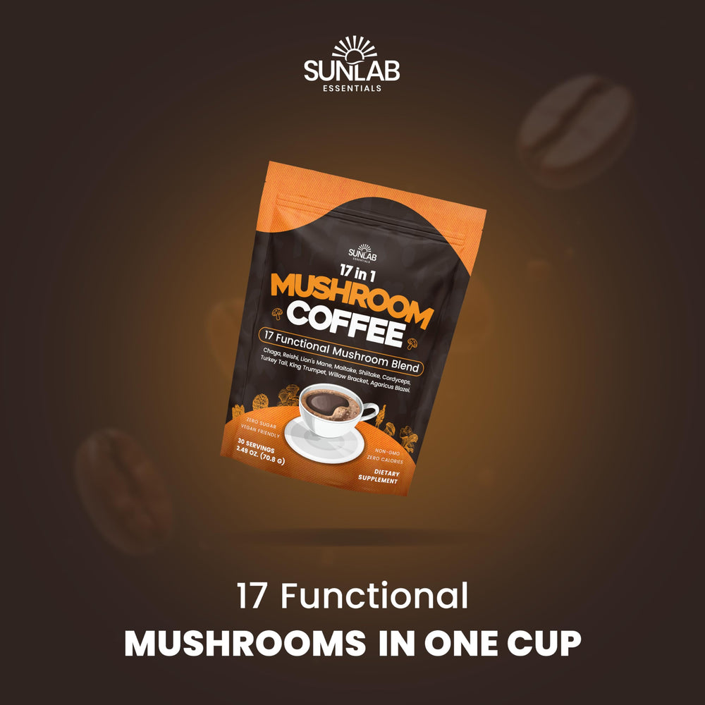 Steaming SunLab Essentials mushroom coffee cup with rich aroma