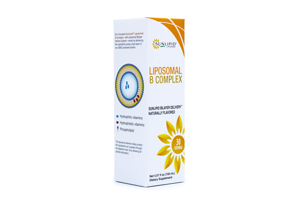 SunLipid Liposomal B Complex close-up highlights naturally flavored supplement for daily use.