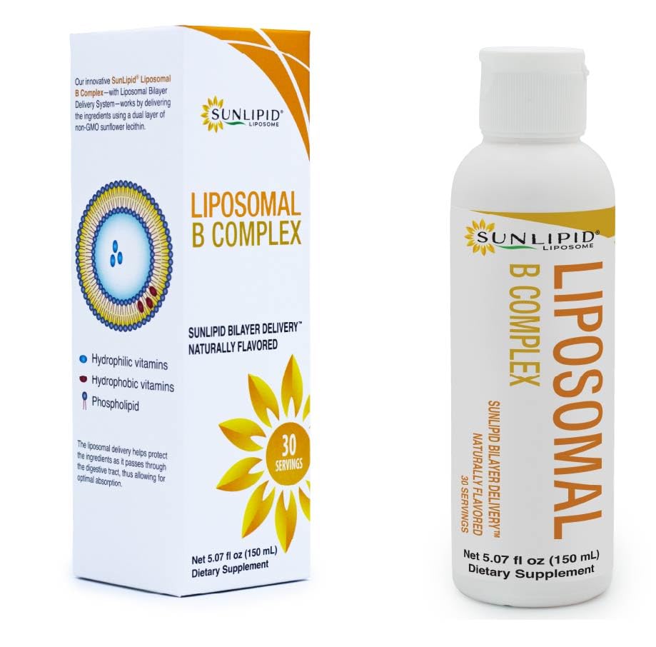 SunLipid Liposomal B Complex label emphasizes no GMOs, gluten, or soy.