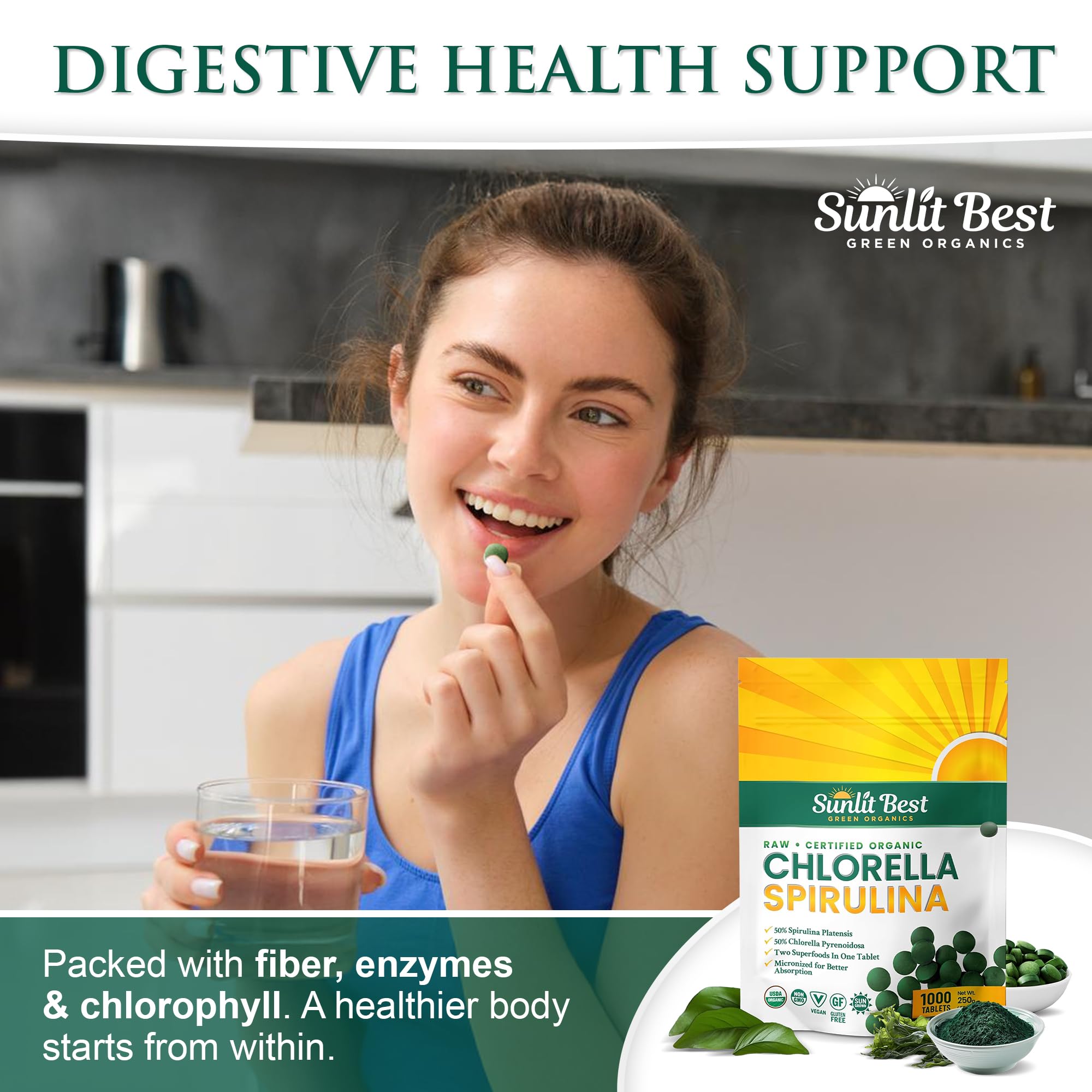 Sunlit Best Chlorella Spirulina bottle on counter with vibrant green tablets for vegan protein support.