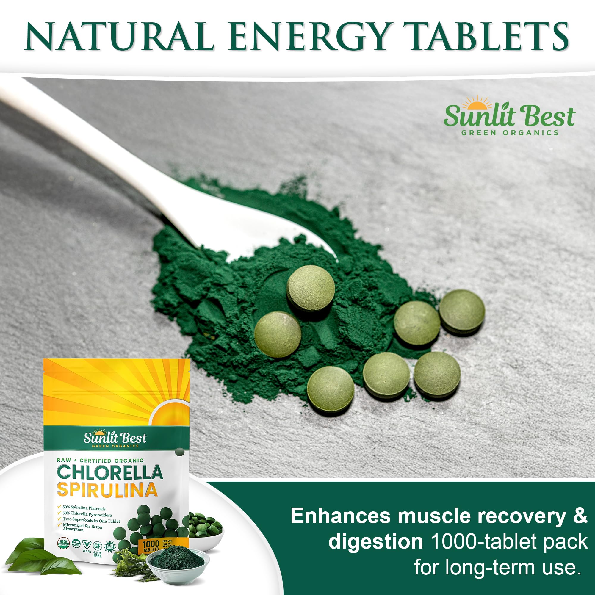 Sunlit Best Chlorella Spirulina mega-pack bag ready for everyday wellness routines.