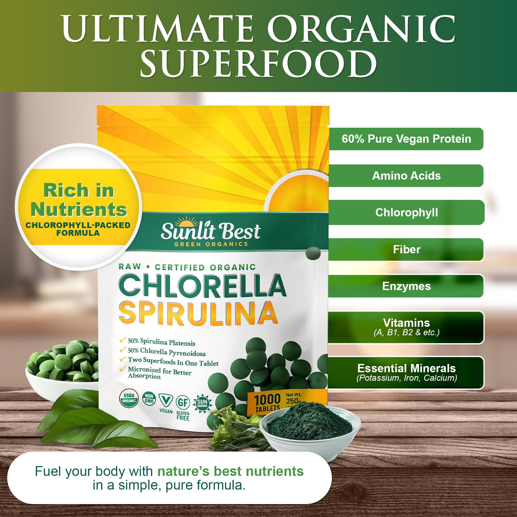 Sunlit Best Chlorella Spirulina packaging box highlighting organic superfood for daily energy.