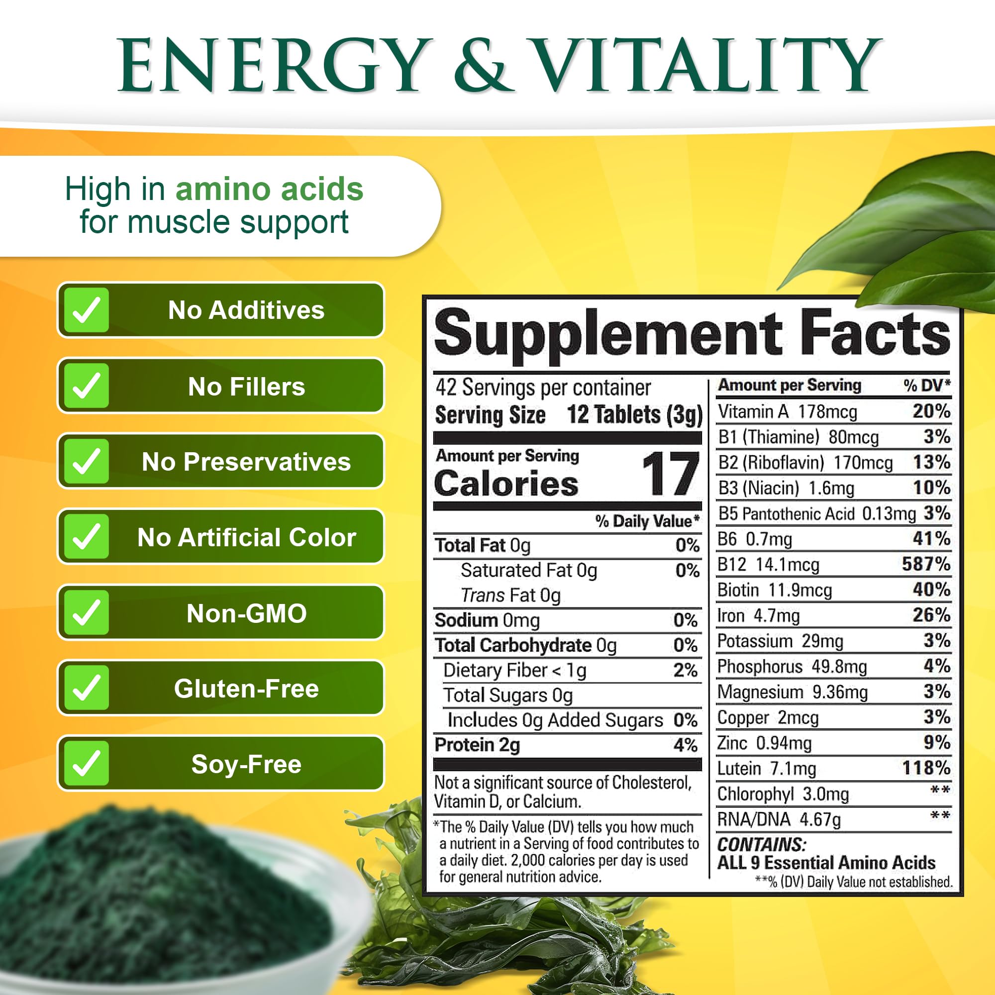 Sunlit Best Chlorella Spirulina tablets closeup shows compact 250 mg size for easy swallowing.