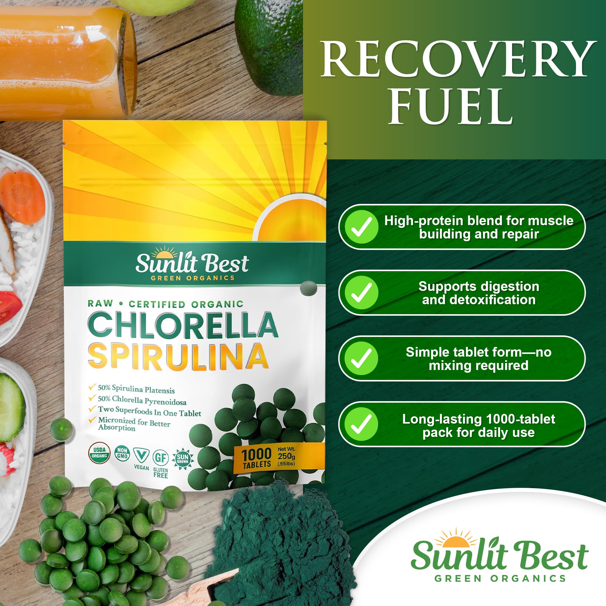 Sunlit Best Chlorella Spirulina tablets pouring from bottle for quick, convenient supplementation.