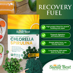 Sunlit Best Chlorella Spirulina tablets pouring from bottle for quick, convenient supplementation.