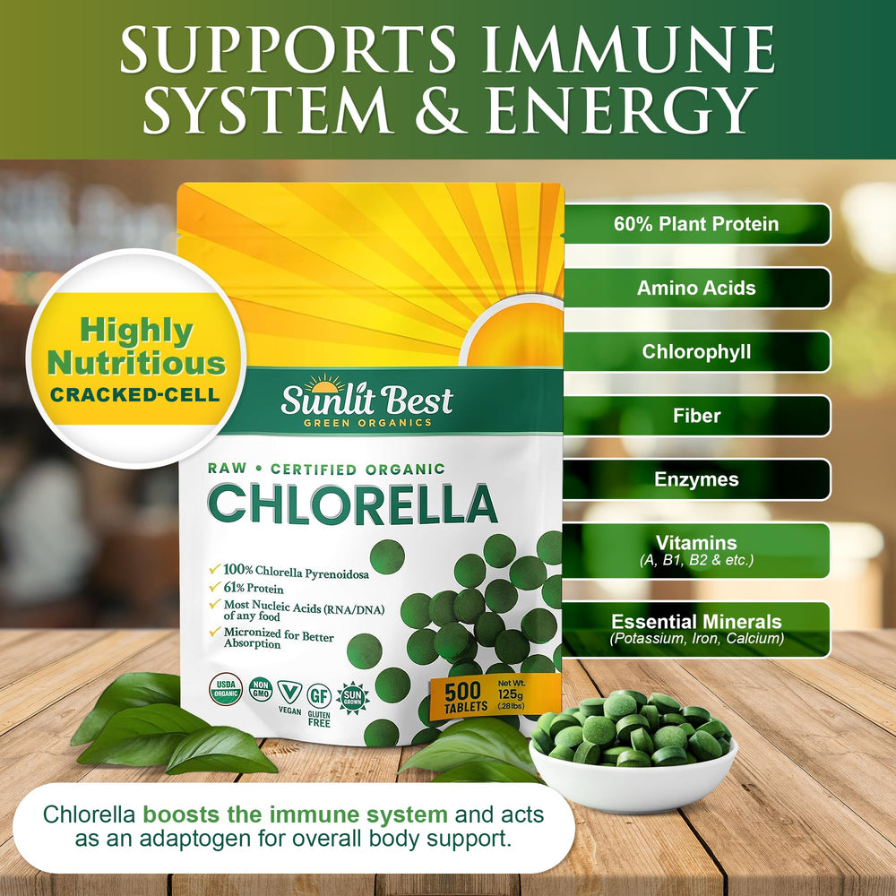 Sunlit Best Green Organics chlorella bottle front view emphasizing organic quality