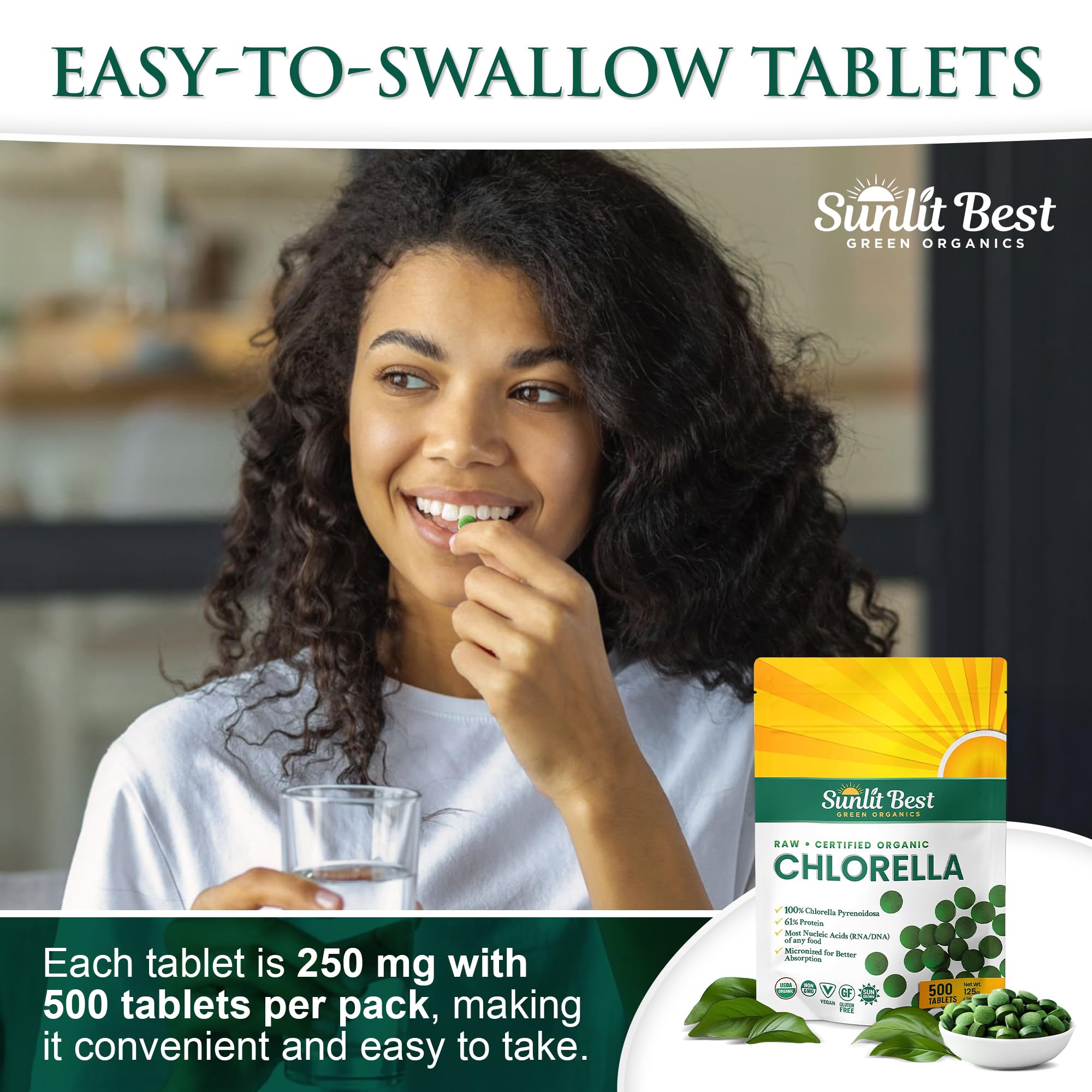 Sunlit Best Green Organics chlorella pills label detail highlights third-party tested purity