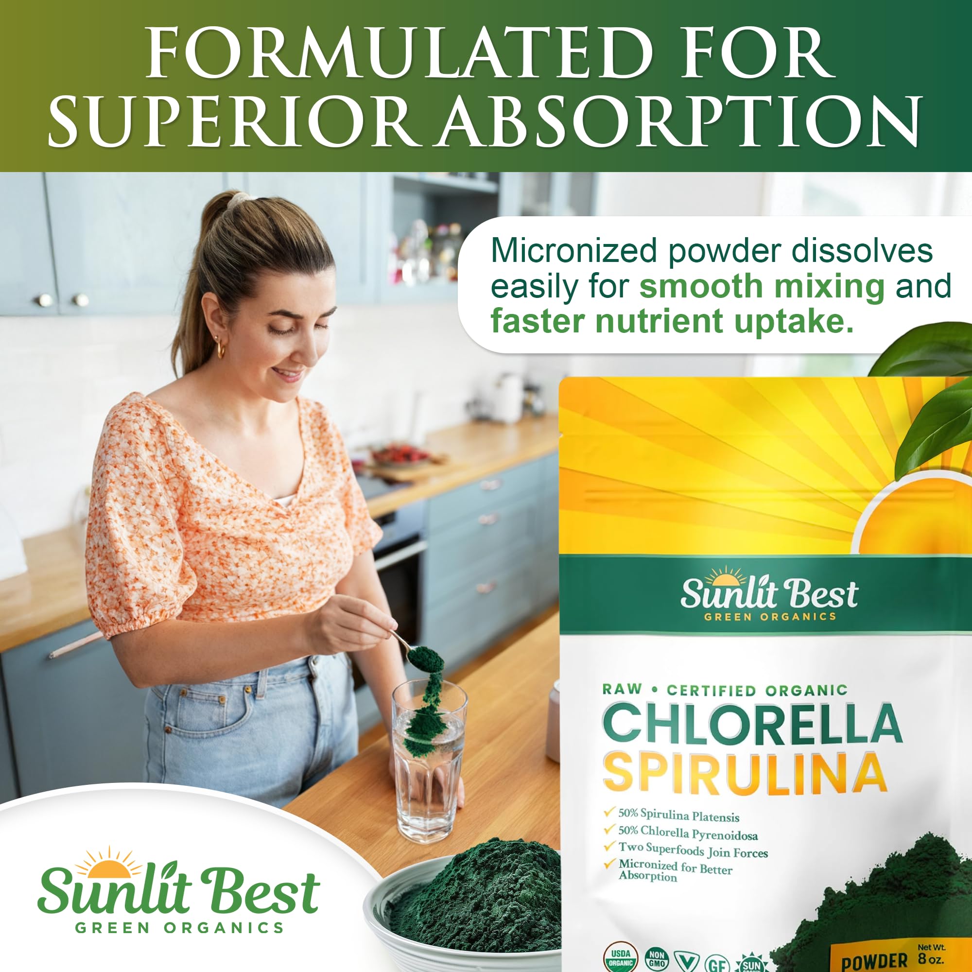 Sunlit Best Green Organics label closeup confirms non GMO and gluten free claims