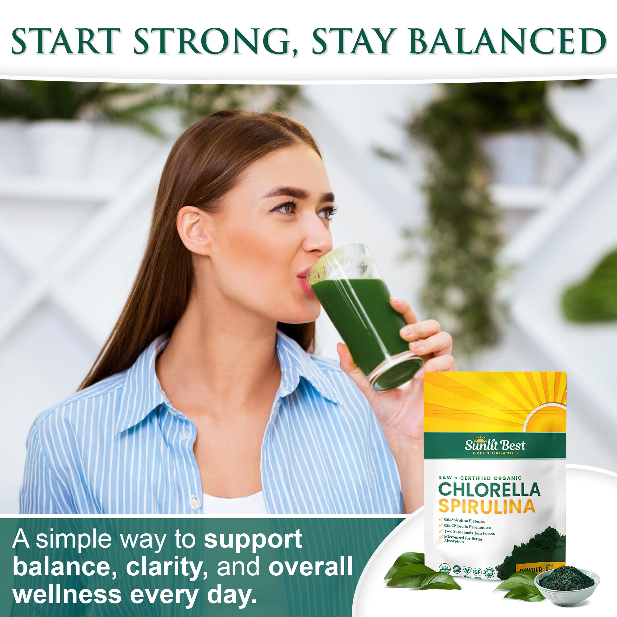 Sunlit Best Green Organics powder blended into smoothie shows vibrant green color