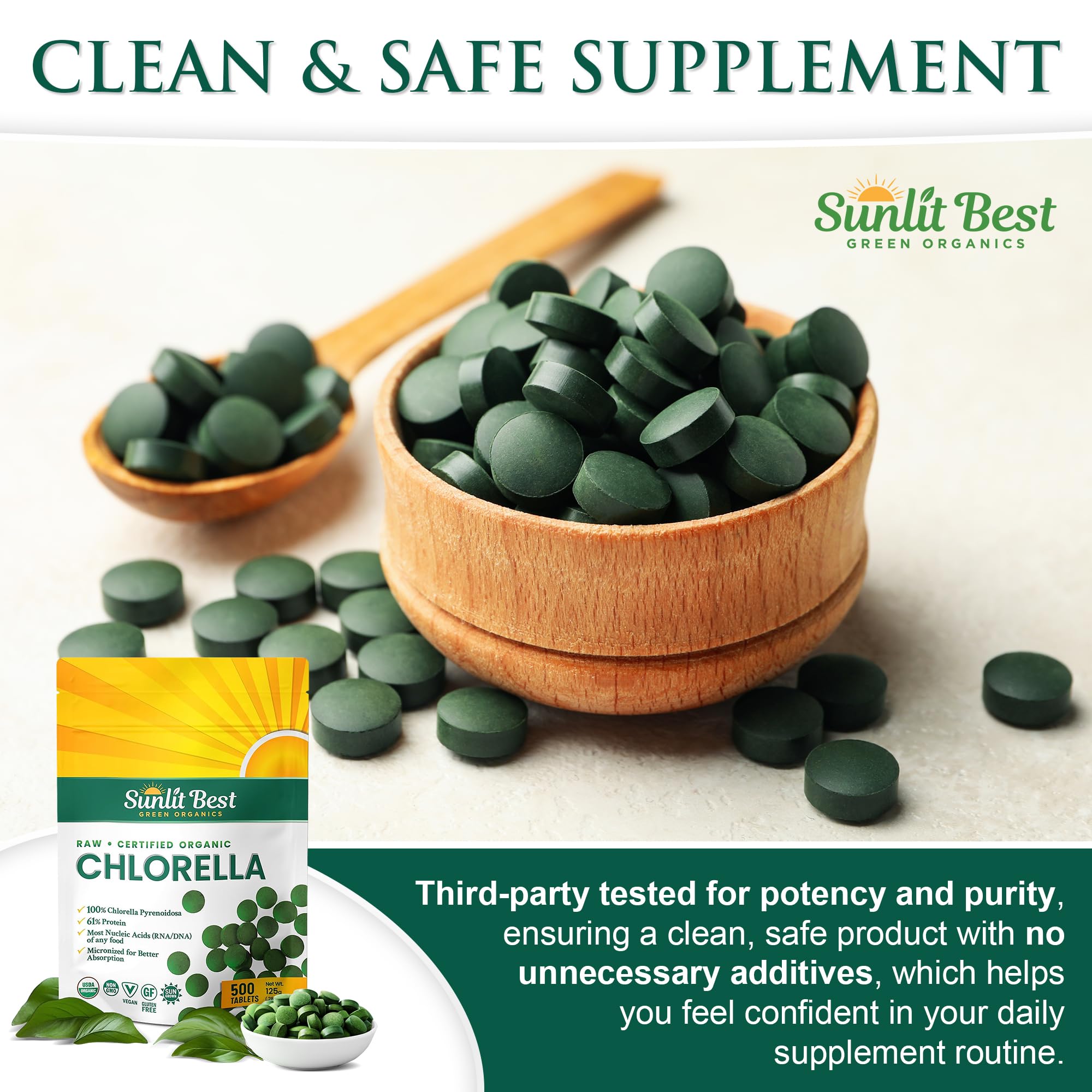 Sunlit Best Green Organics chlorella tablet on spoon visual suggests easy dosing