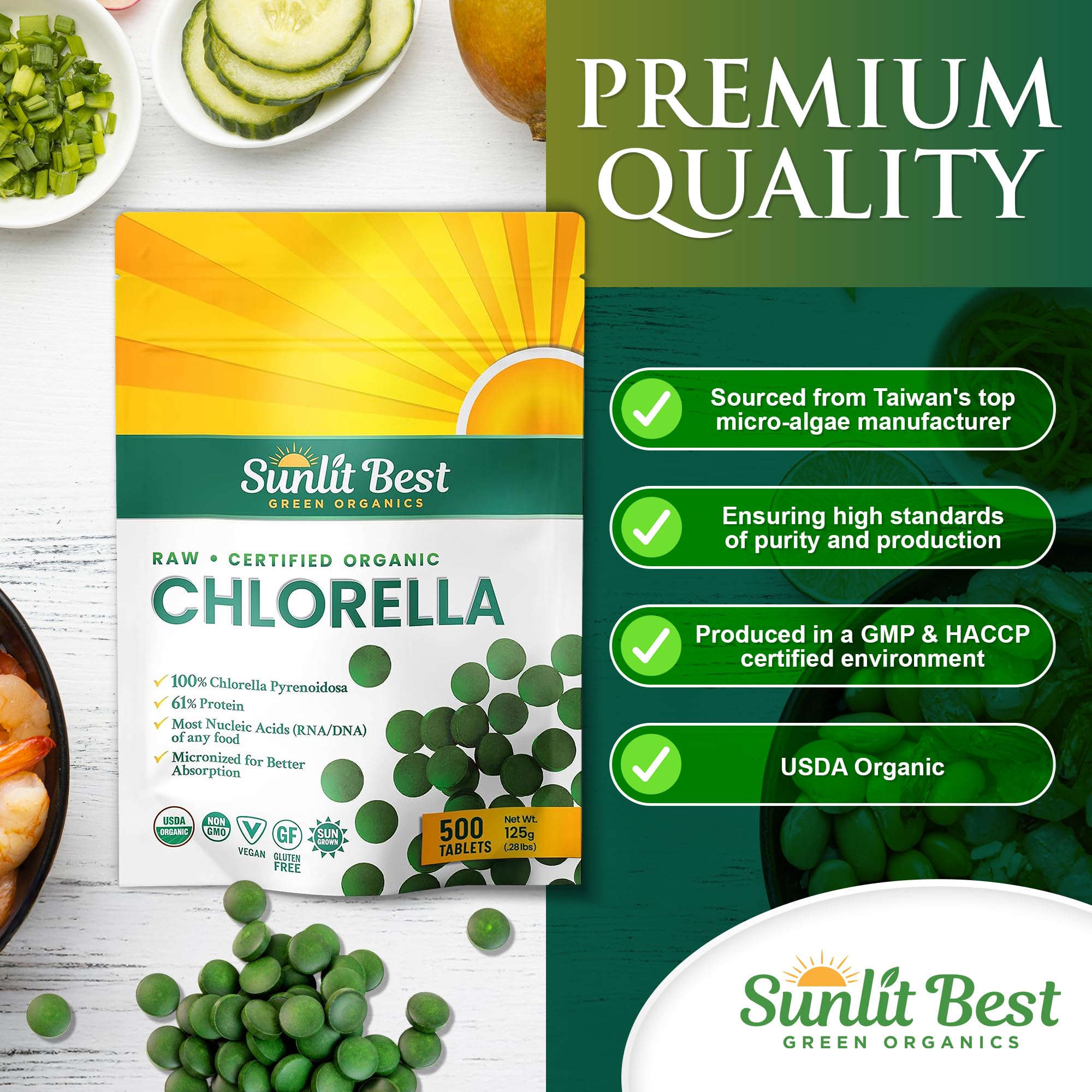Sunlit Best Green Organics chlorella tablets easy-to-swallow close-up for effortless daily routine