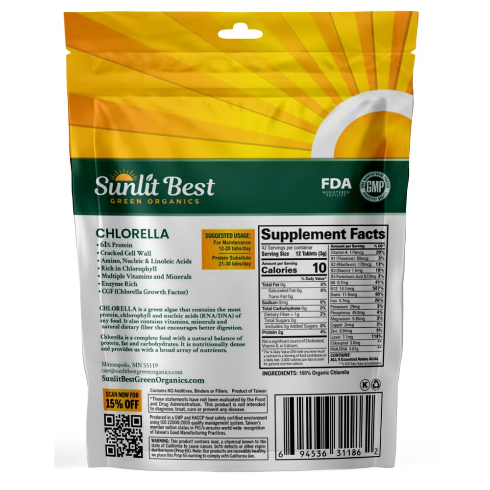 Sunlit Best Green Organics chlorella tablets in glass jar reflect clean, pure branding