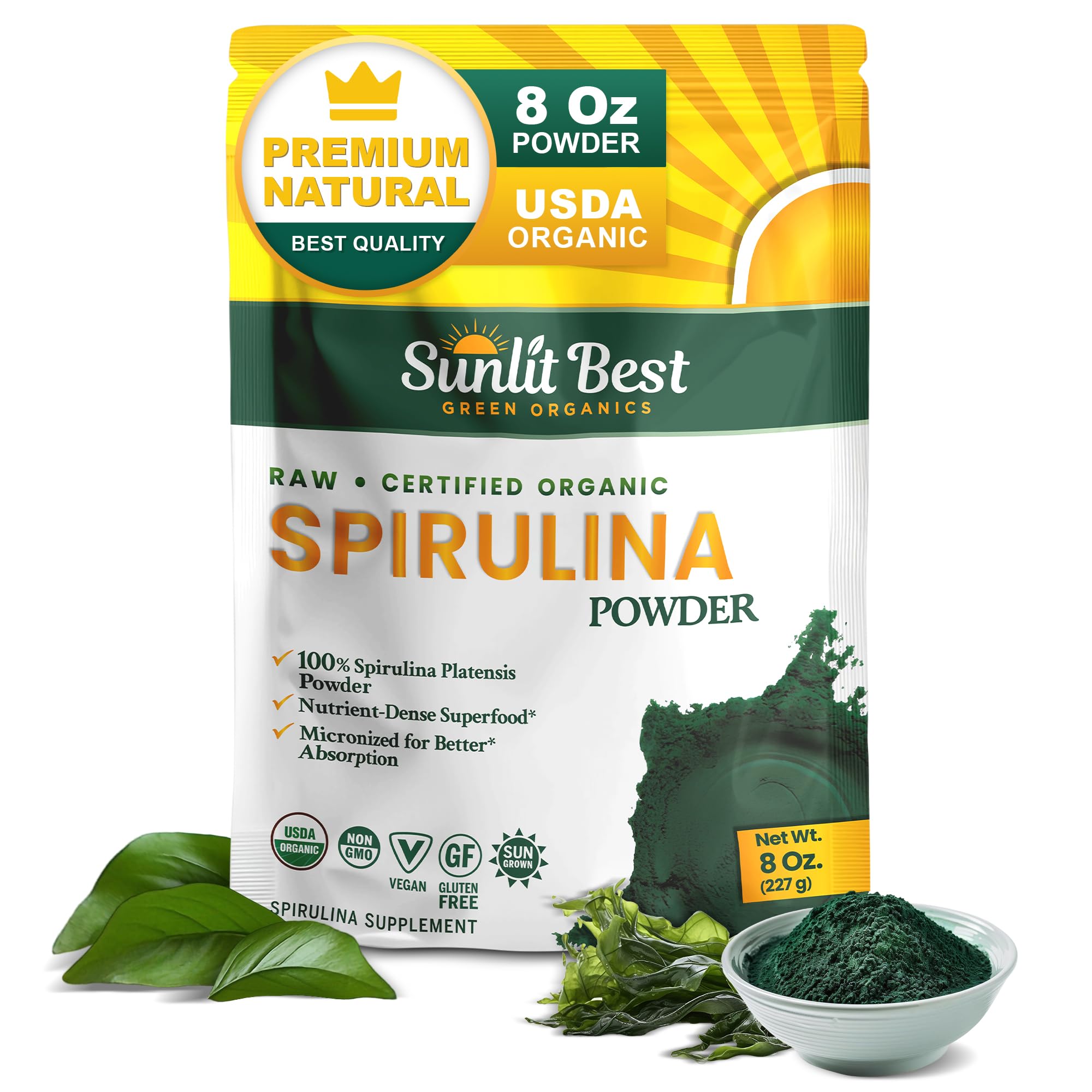 Sunlit Best Spirulina Powder USDA bottle label ready for a smoothie boost