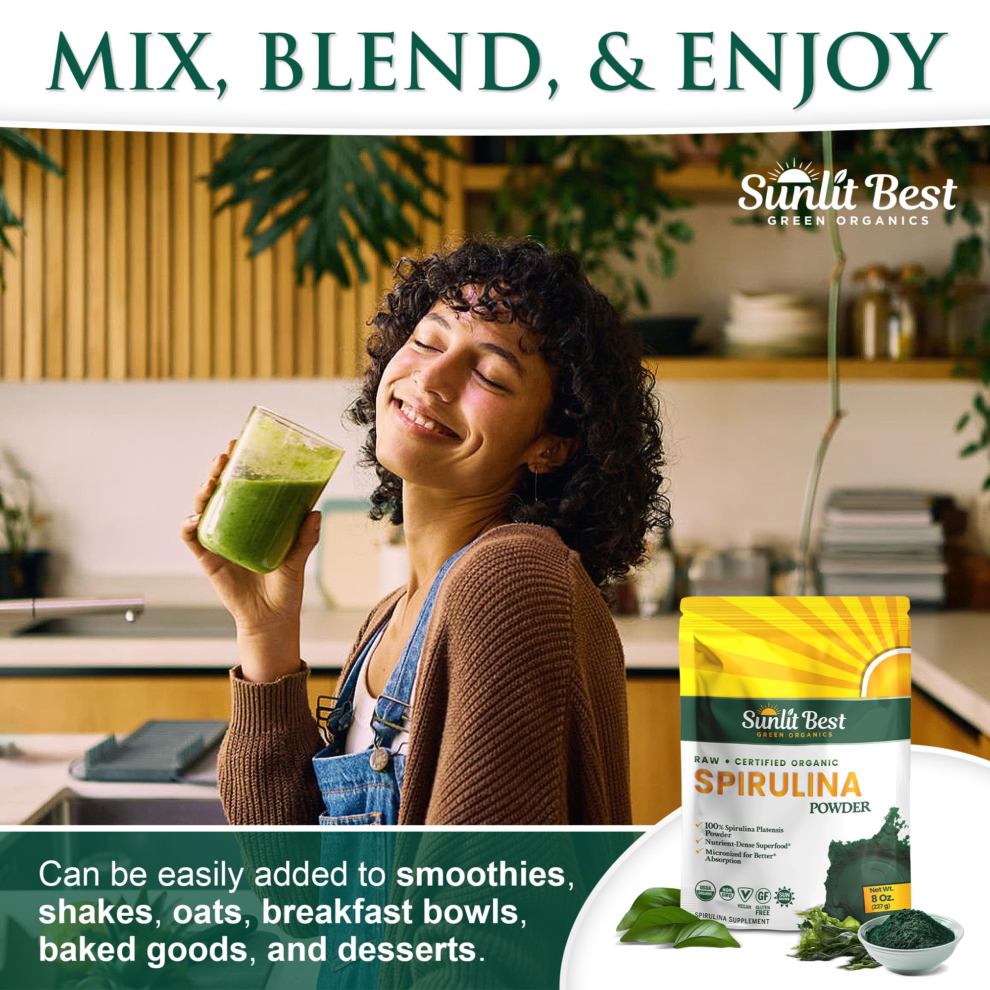 Sunlit Best Organic Spirulina package front highlighting non-GMO and gluten-free