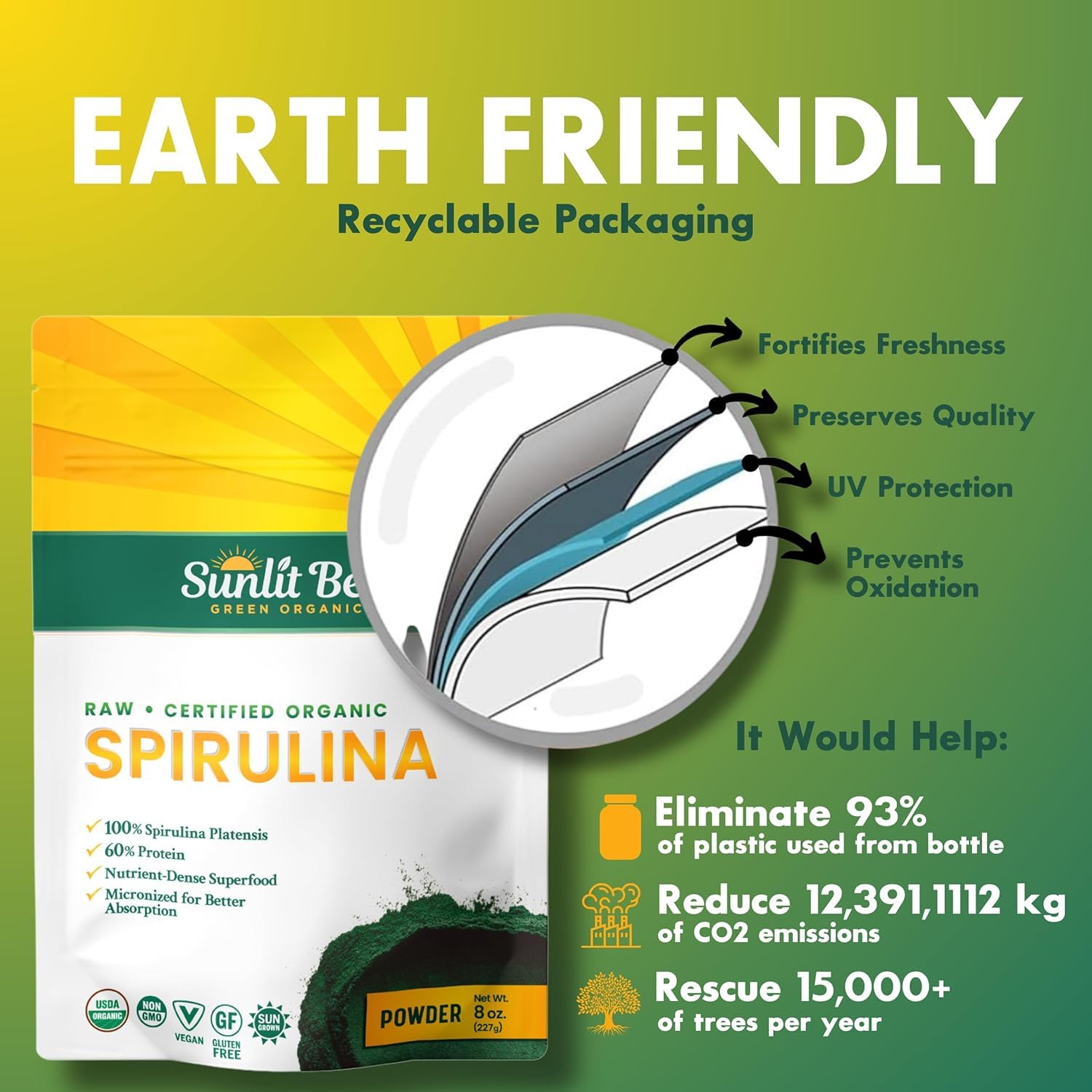 Sunlit Best Spirulina Powder label confirms USDA organic certification