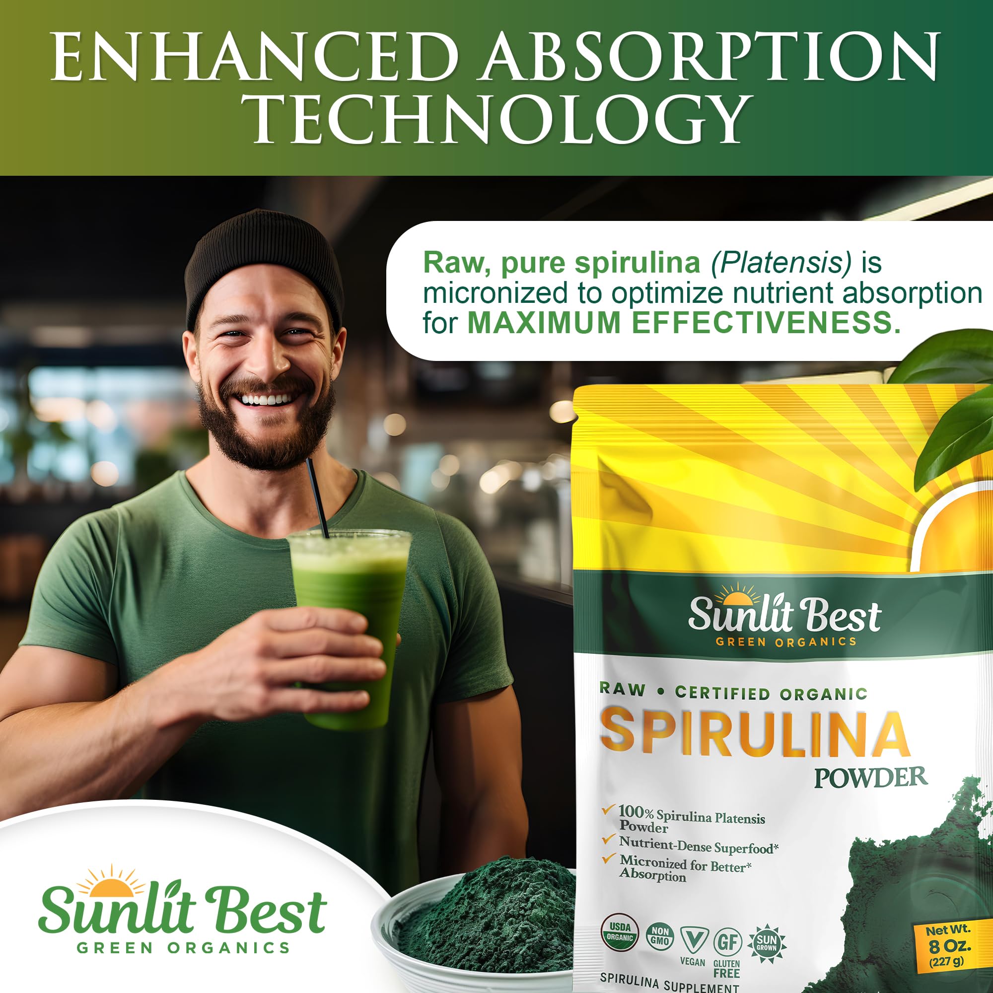 Sunlit Best Spirulina Powder being poured into a glass