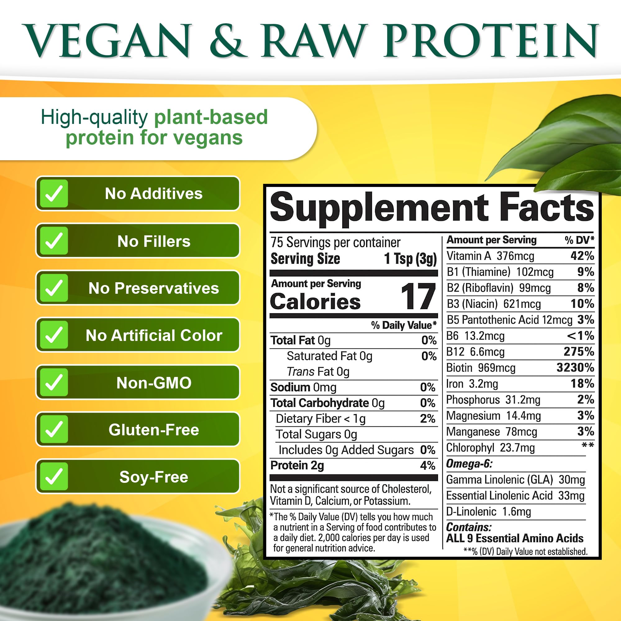 Sunlit Best Spirulina Powder texture close-up, ideal for blending