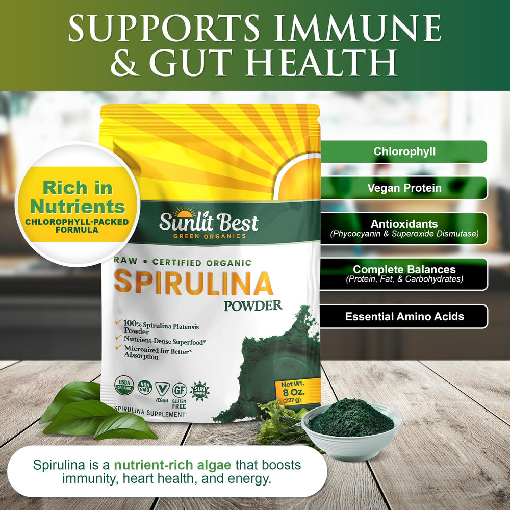 Sunlit Best Spirulina Powder scoop measuring a nutrient-dense serving