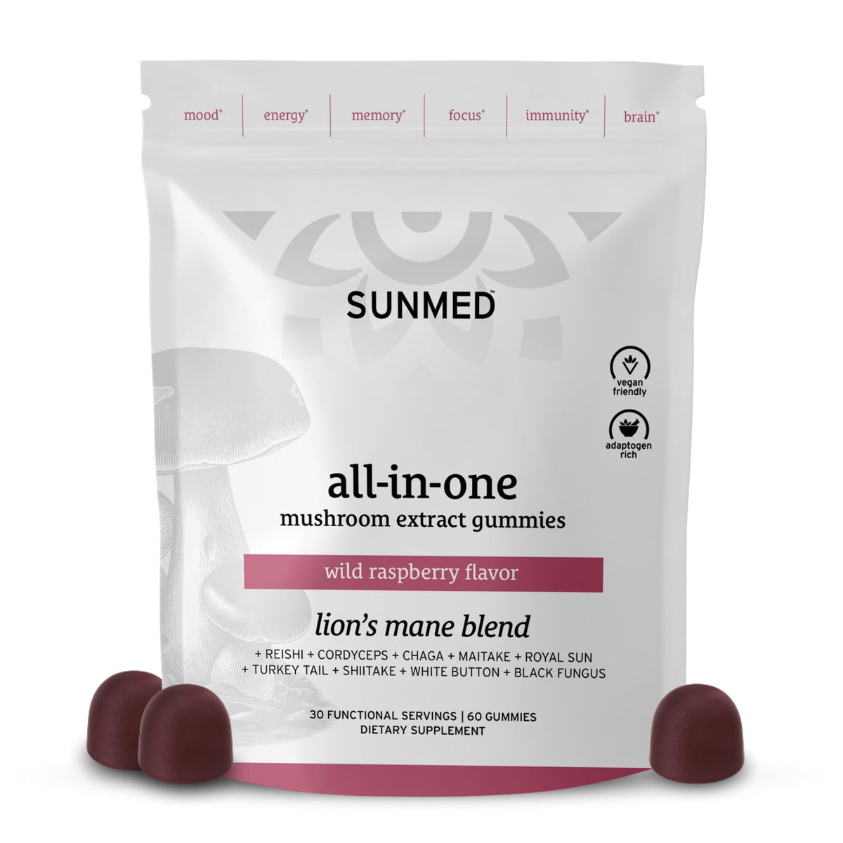 SUNMED All-in-One Mushroom Gummies bottle front suggesting focus support.