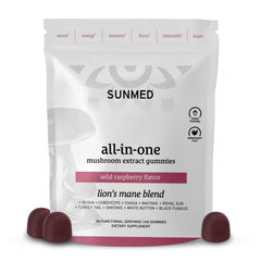 SUNMED All-in-One Mushroom Gummies bottle front suggesting focus support.