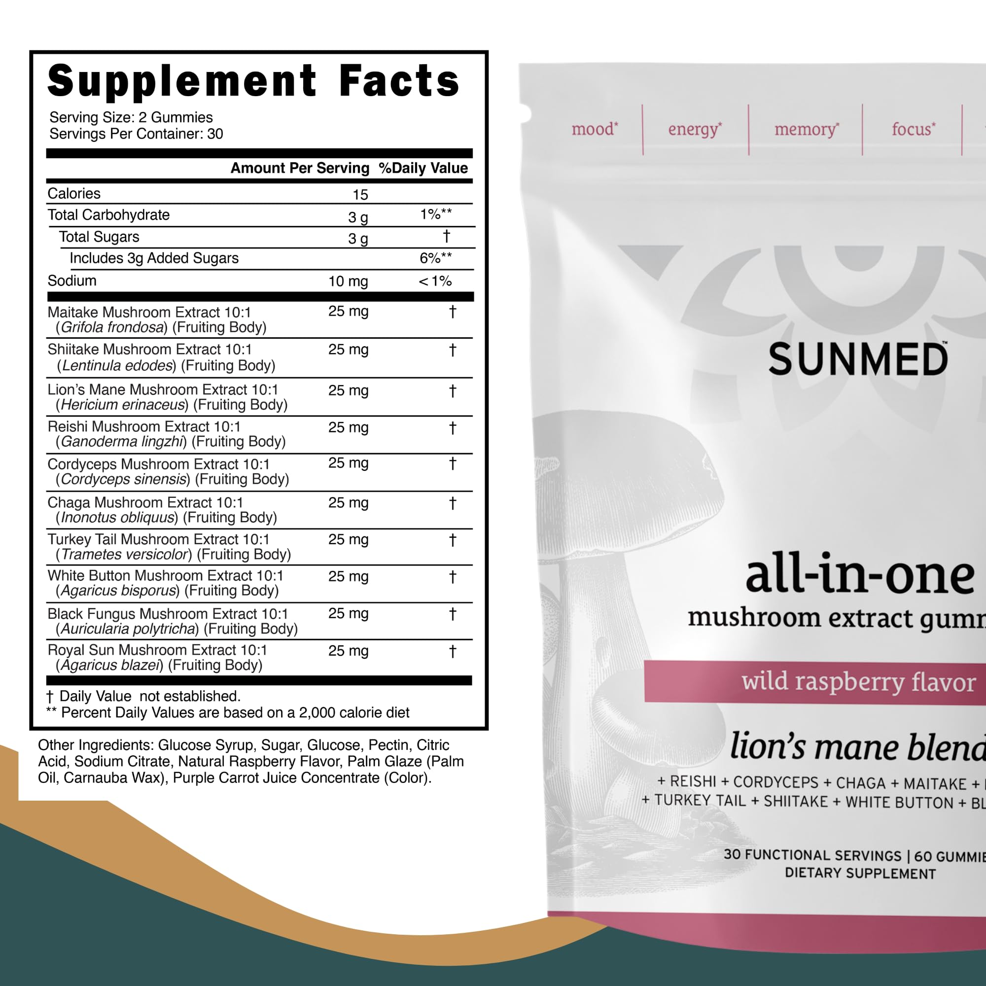 SUNMED All-in-One Mushroom Gummies on a study desk beside a laptop.