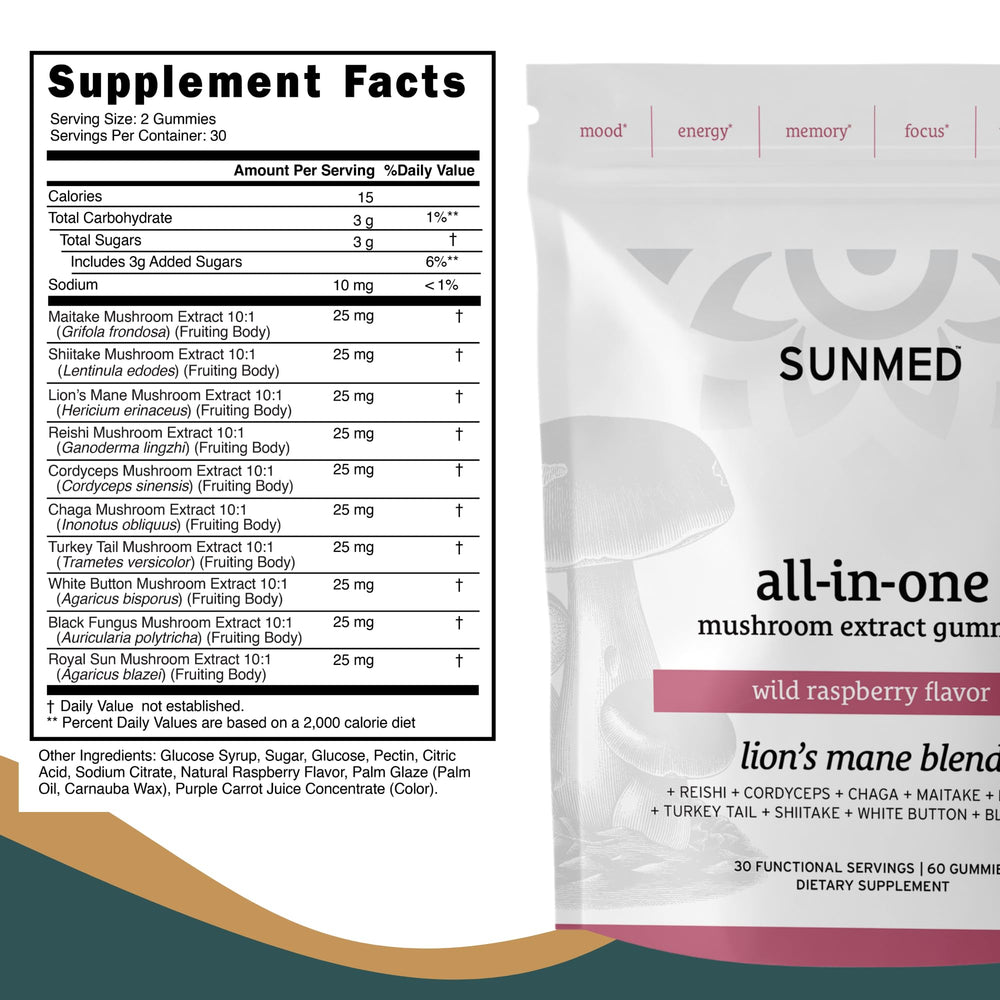 SUNMED All-in-One Mushroom Gummies on a study desk beside a laptop.