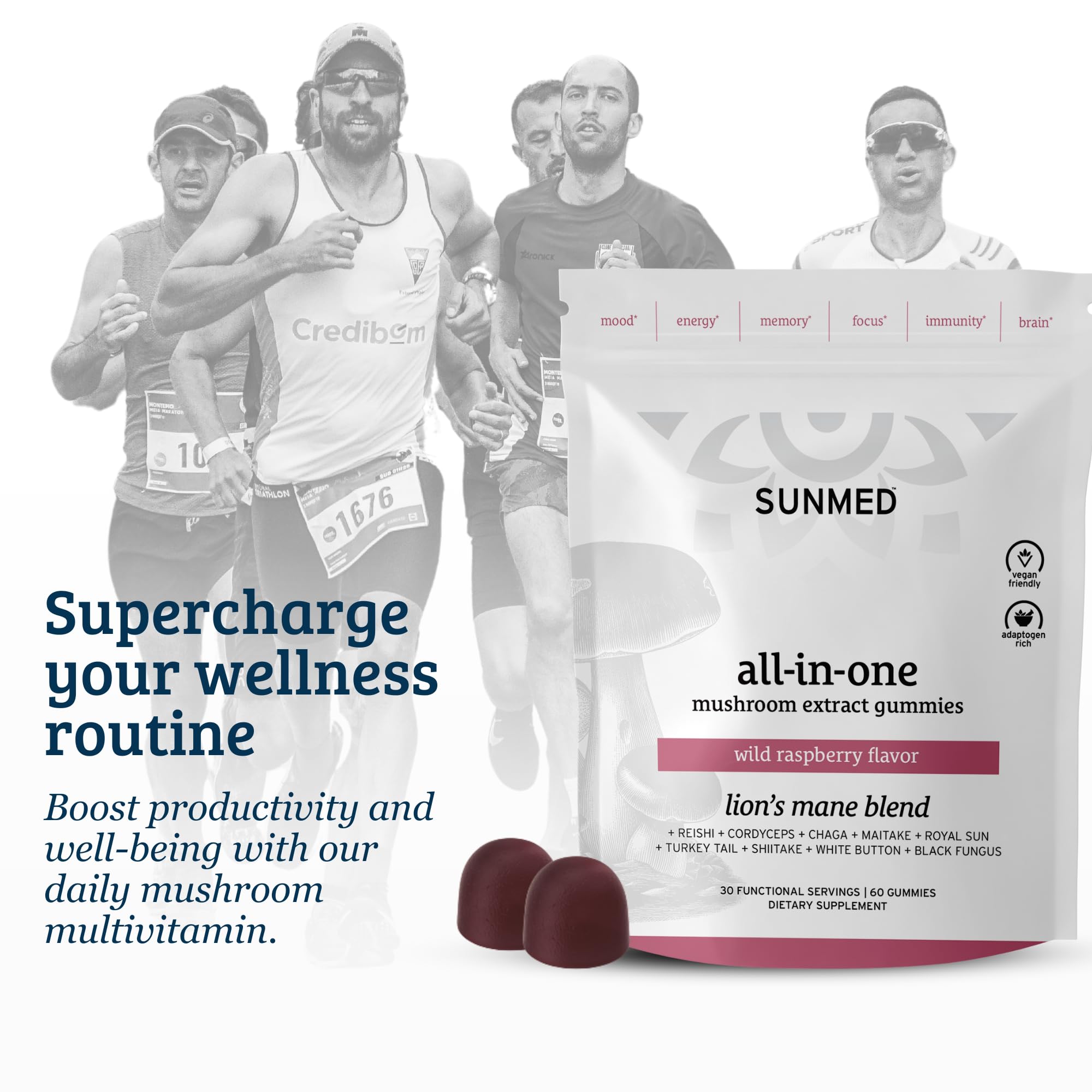 SUNMED All-in-One Mushroom Gummies raspberry flavor close-up signaling mood support.