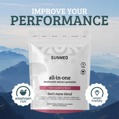 SUNMED All-in-One Mushroom Gummies close-up of wild raspberry flavor for energy.