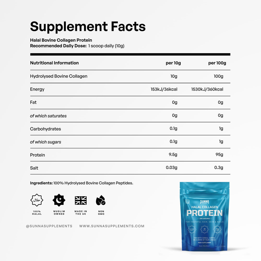 SUNNA SUPPLEMENTS Nutritional panel showing 36 kcal per serving and amino acids.