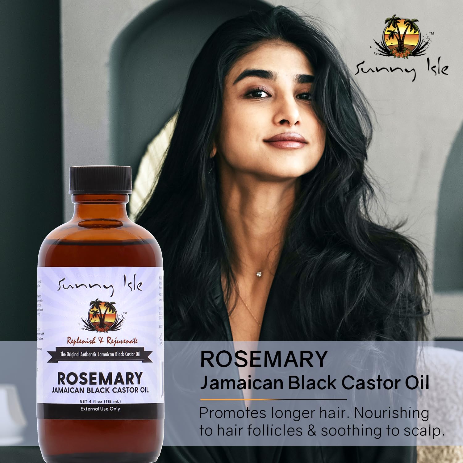 Sunny Isle Rosemary oil bottle ready for hot oil treatment to condition damaged hair.