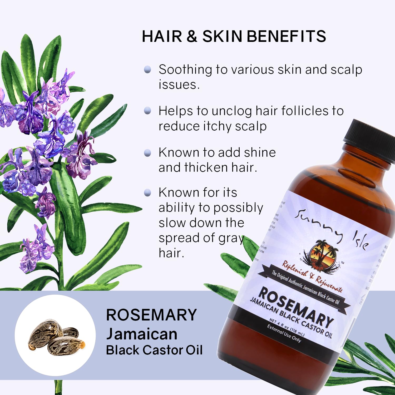 Sunny Isle Rosemary oil bottle during scalp massage for nourishing roots.