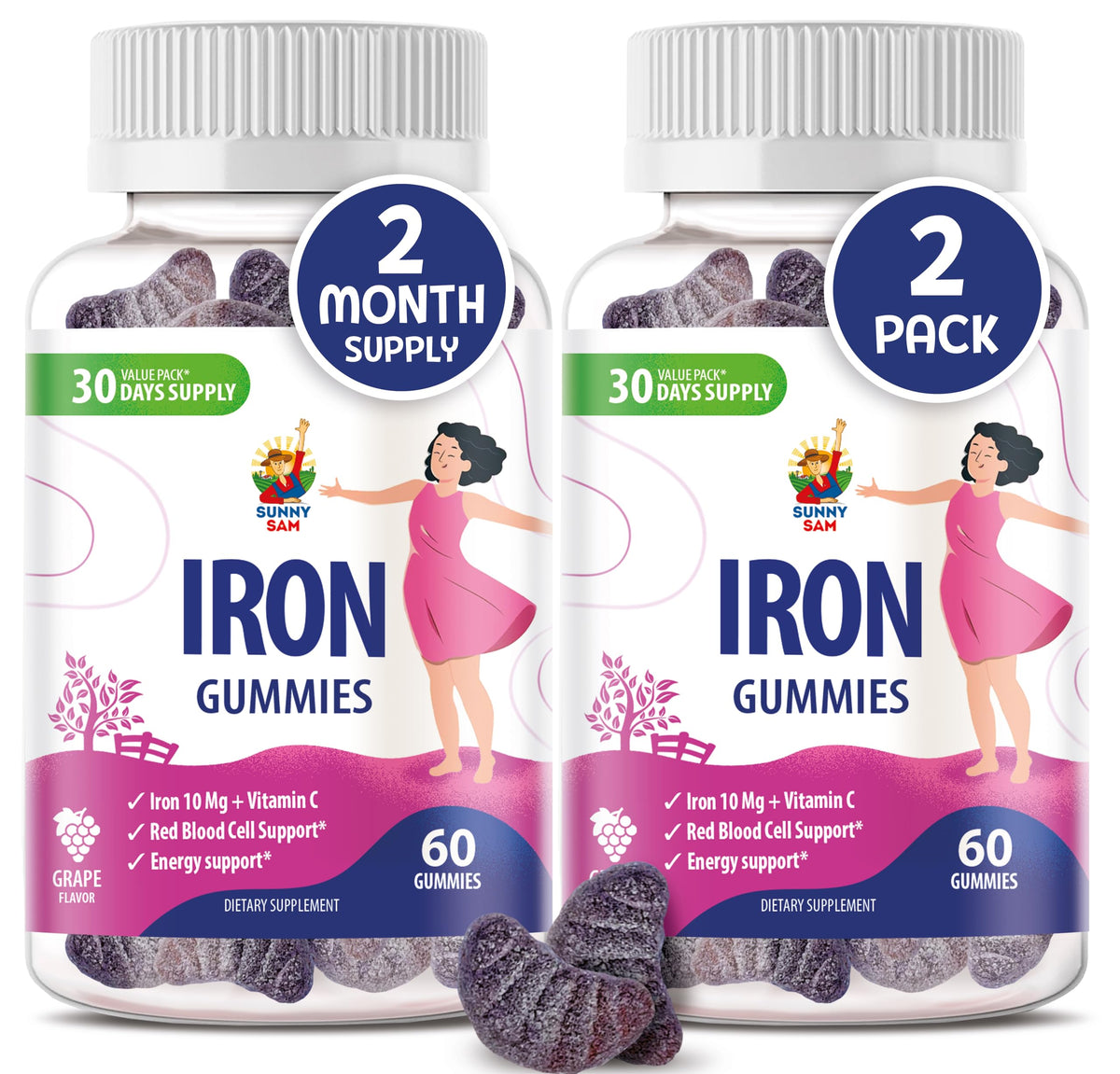 Sunny Sam Iron Gummies bottle with grape flavor for kid-friendly daily iron support.