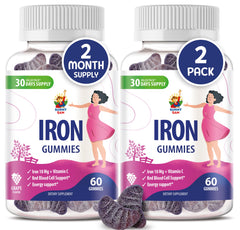 Sunny Sam Iron Gummies bottle with grape flavor for kid-friendly daily iron support.
