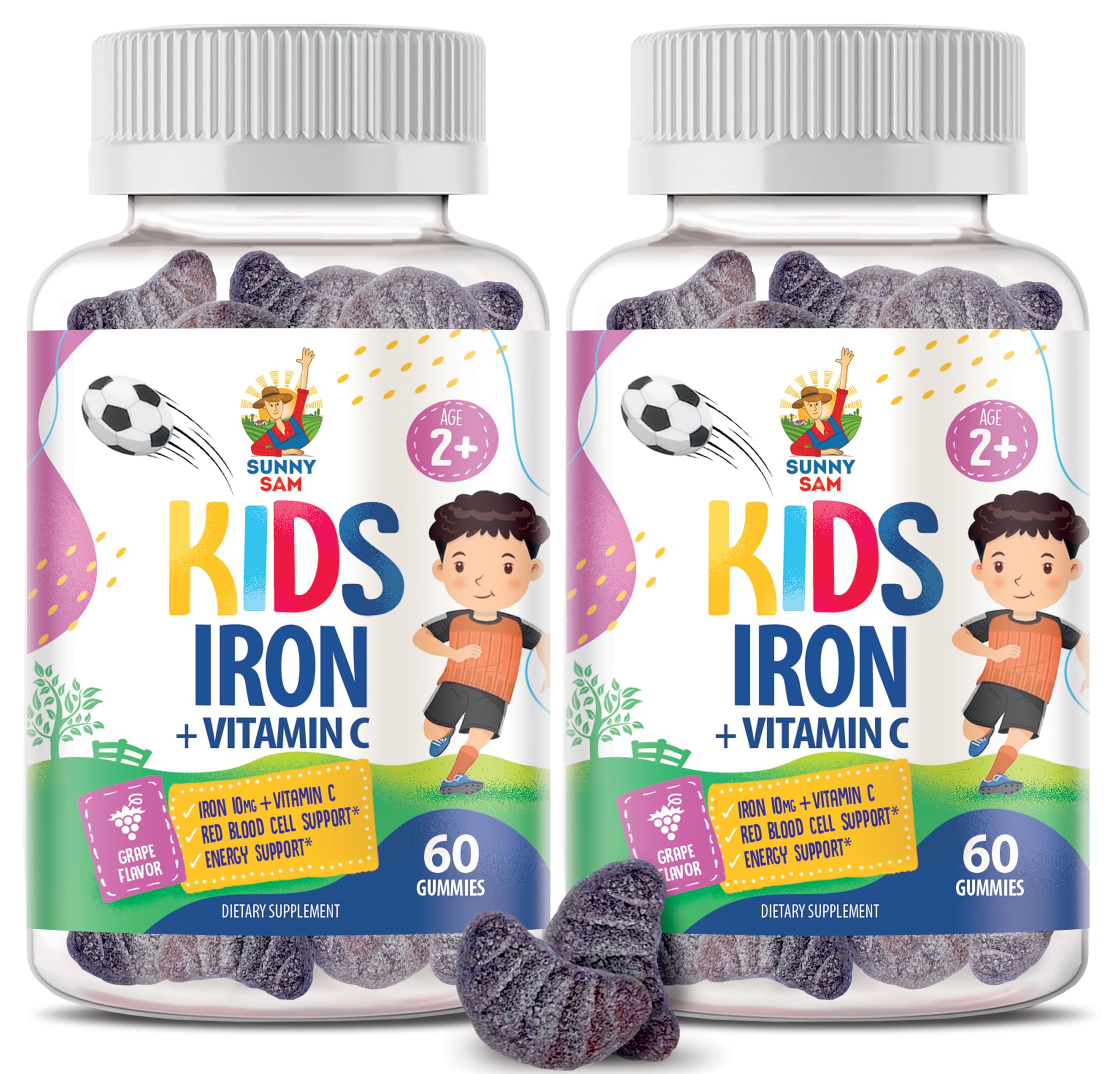 Sunny Sam Iron Gummies grape bottle display for kid-friendly iron with vitamin C to support immunity